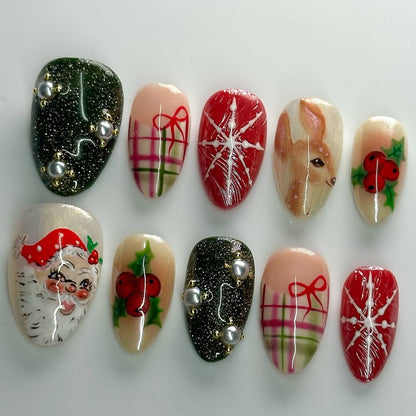 Classic Christmas Story Press On Nails Vintage Plaid Bow Snowflake Design