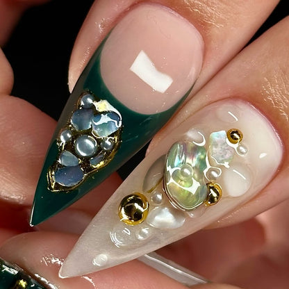 Emerald Pearl Ring Press On Nail Set Elegant Stiletto Design