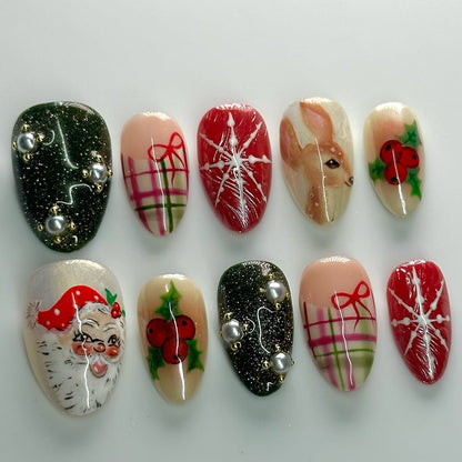 Classic Christmas Story Press On Nails Vintage Plaid Bow Snowflake Design
