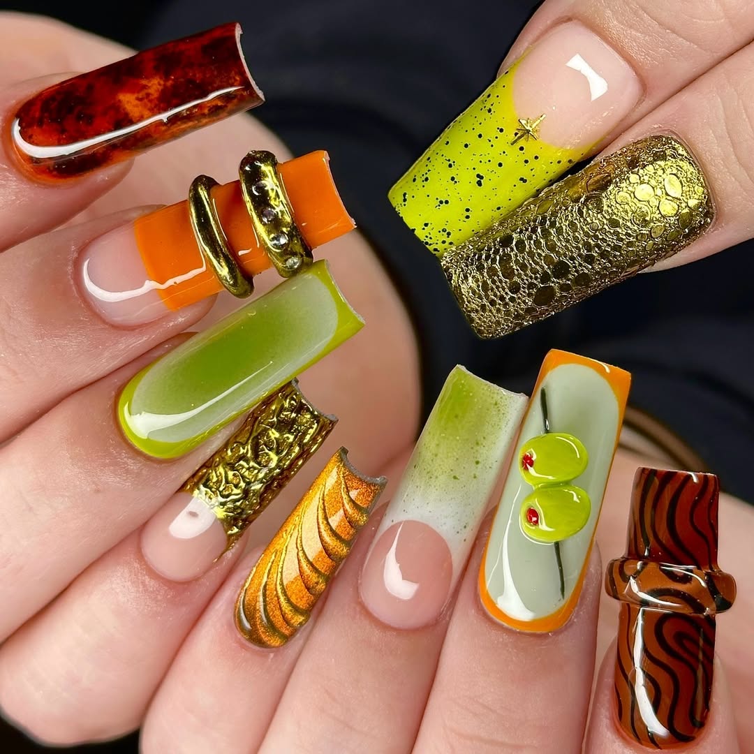 Abstract Earth Tone Press On Nail Set Modern Sculpted Design