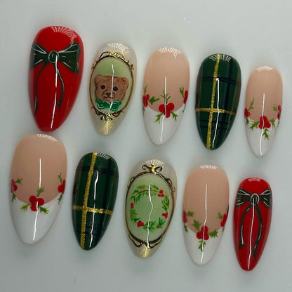 Vintage Holiday Bow & Wreath Press On Nail Set