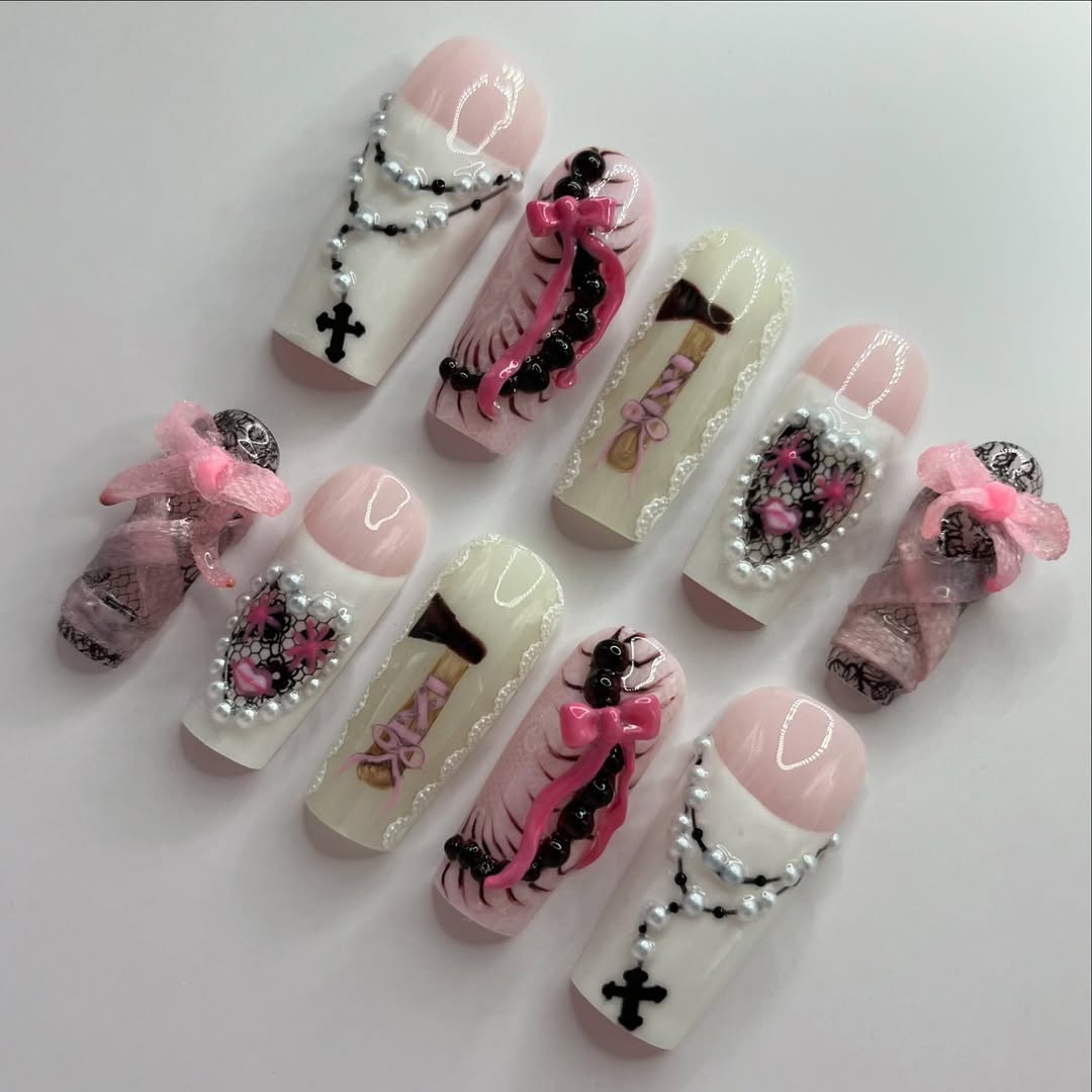 Romantic Gothic Lolita Pink Bow Pearl Heart Lace Nails