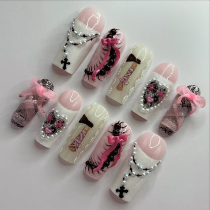 Romantic Gothic Lolita Pink Bow Pearl Heart Lace Nails