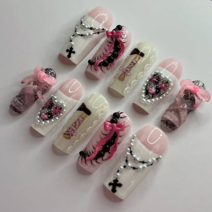 Romantic Gothic Lolita Pink Bow Pearl Heart Lace Nails