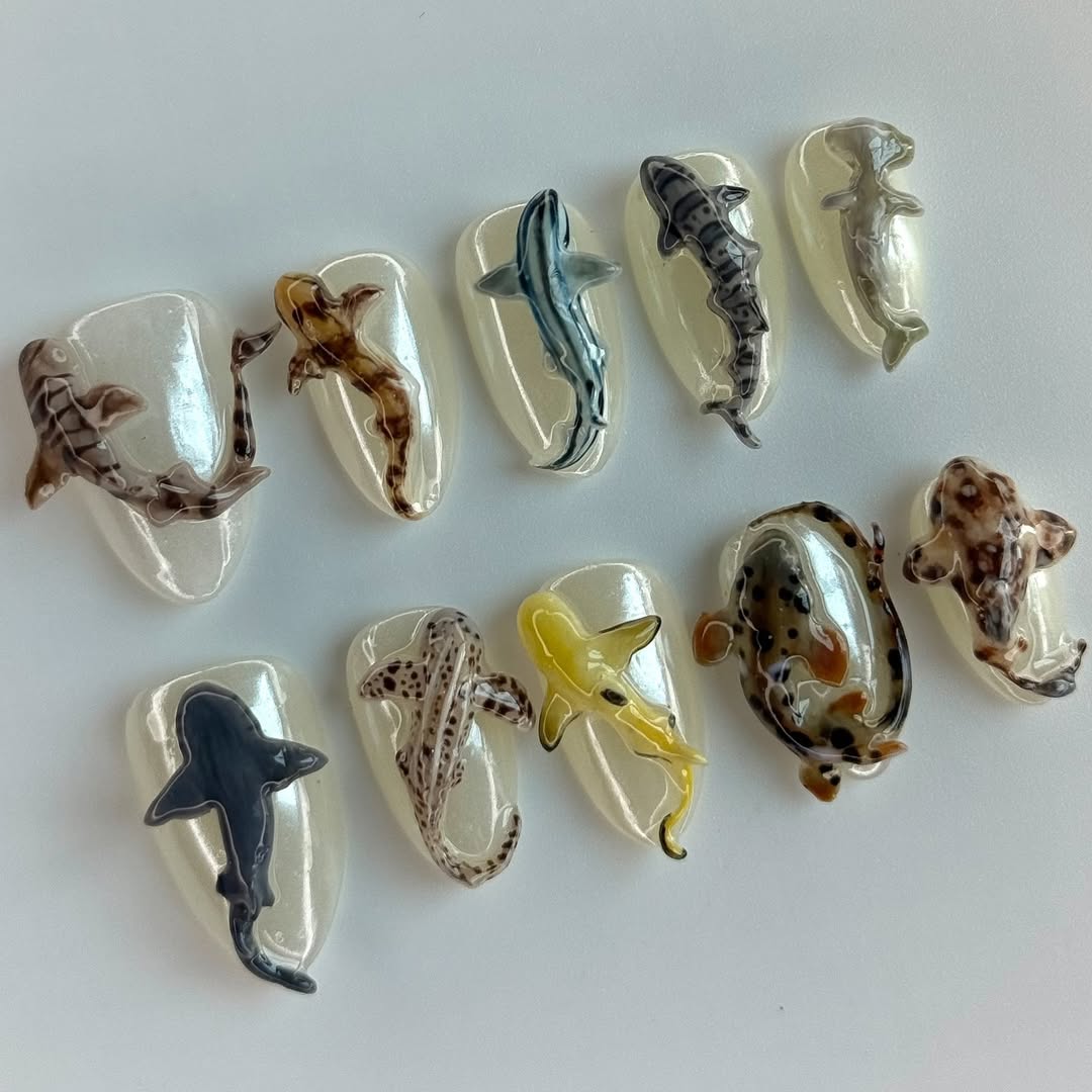 3D Shark Press On Nails Clear Jelly Ocean Animal Art Set