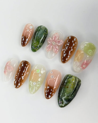 Autumn Garden Nails with Handmade Floral and Leaf Art Design