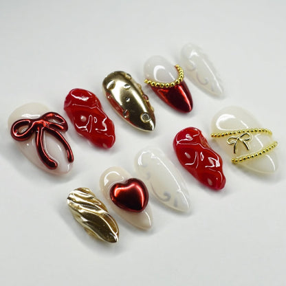Red and Gold Bow Accent Press On Nails with Heart and Metallic Details