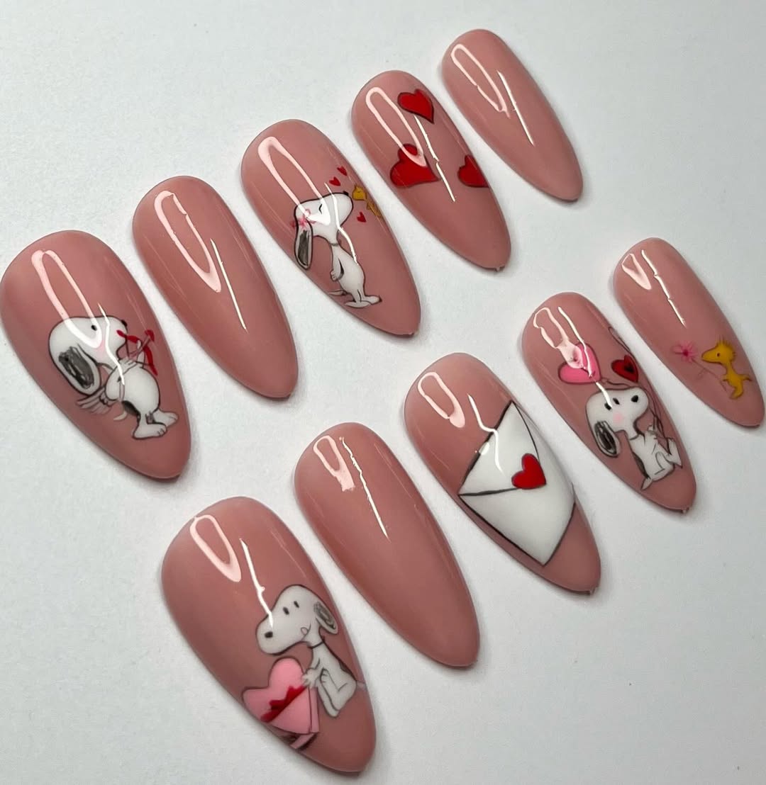 Handmade Valentine Pink Nails with Snoopy, Hearts and Love Letters