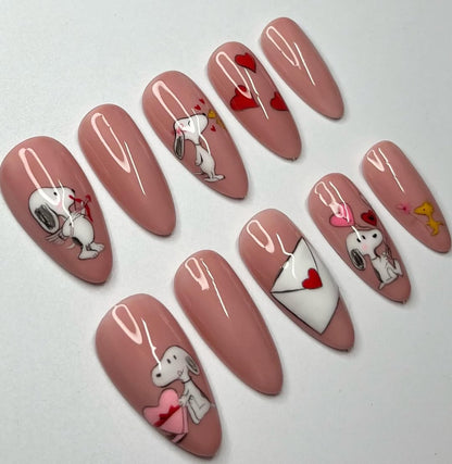 Handmade Valentine Pink Nails with Snoopy, Hearts and Love Letters