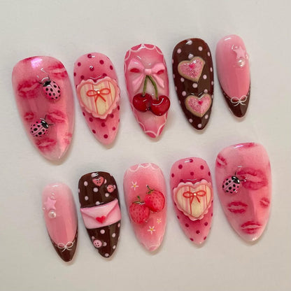 Sweet Strawberry Dessert Press On Nails Handmade Pink Cute Set