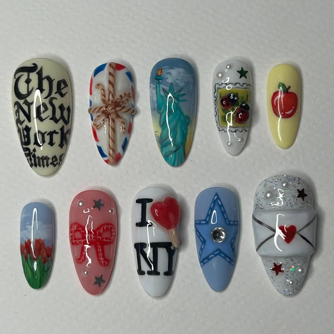 New York City Press On Nails with Statue, Letter, and Apple Art