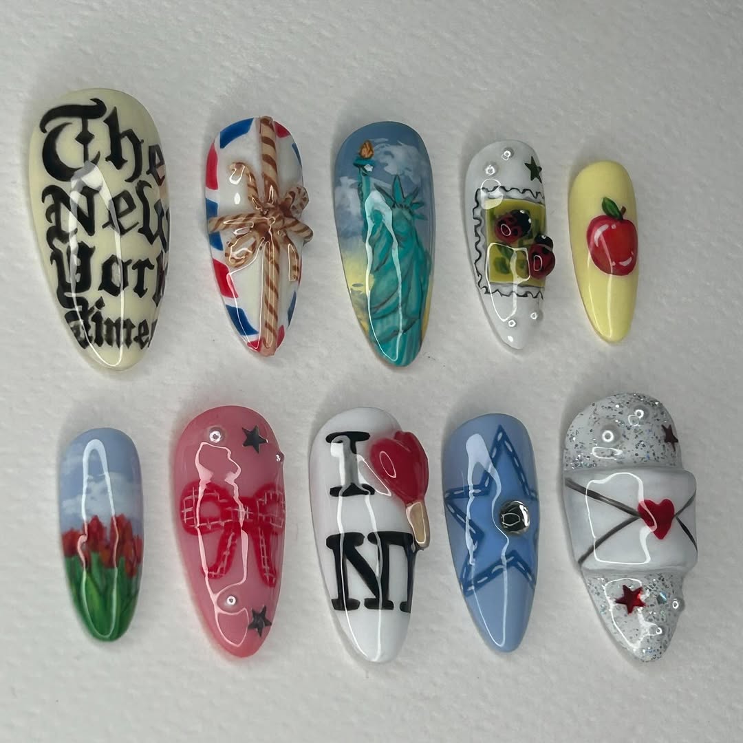 New York City Press On Nails with Statue, Letter, and Apple Art