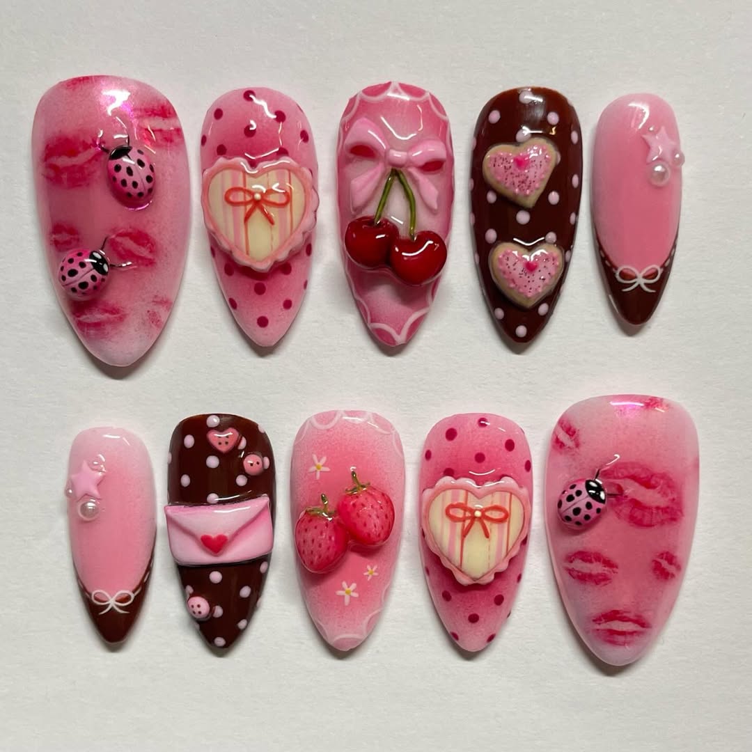 Sweet Strawberry Dessert Press On Nails Handmade Pink Cute Set