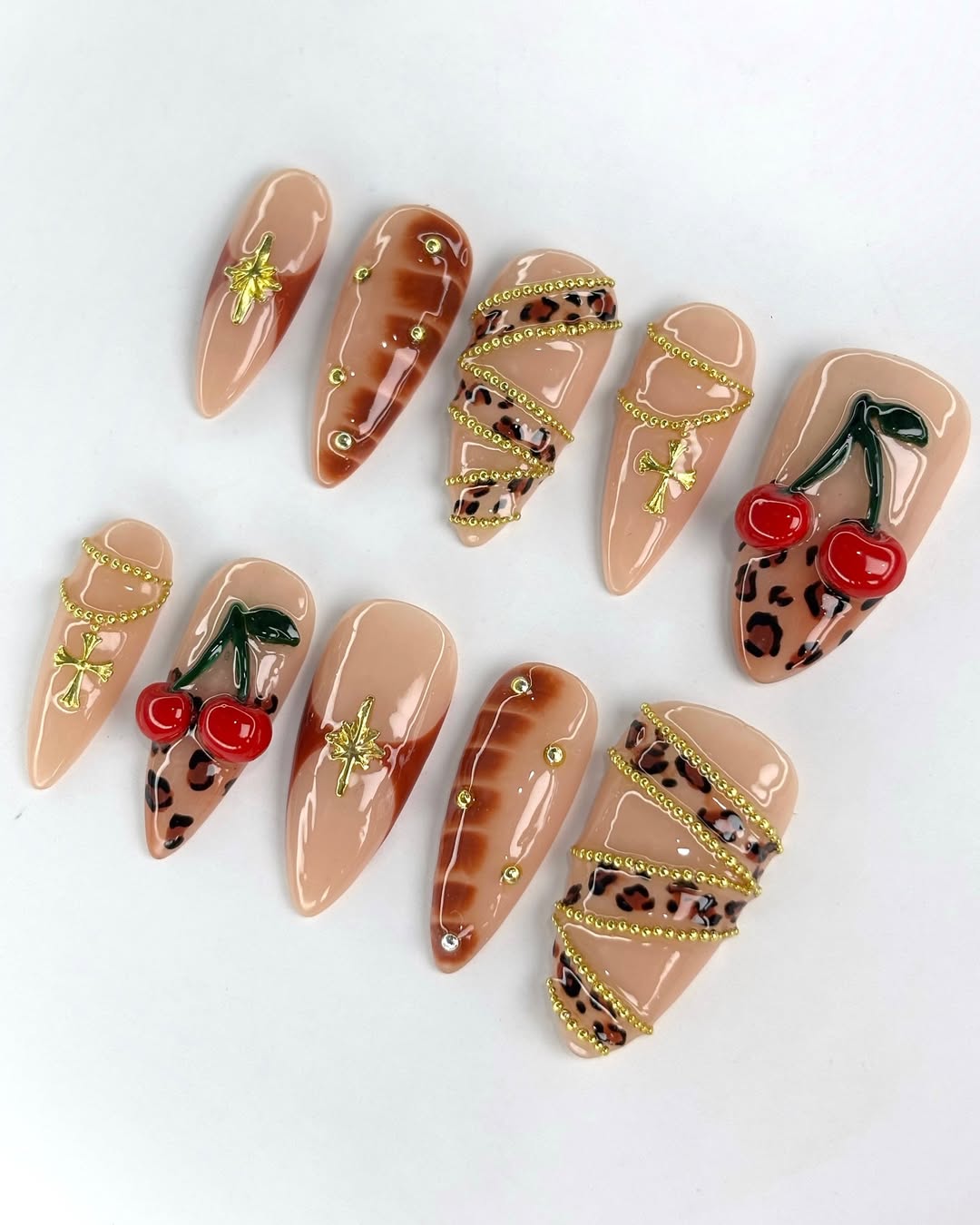 Cherry and Leopard Print Nails with Gold Cross Chains Handmade Luxury Design
