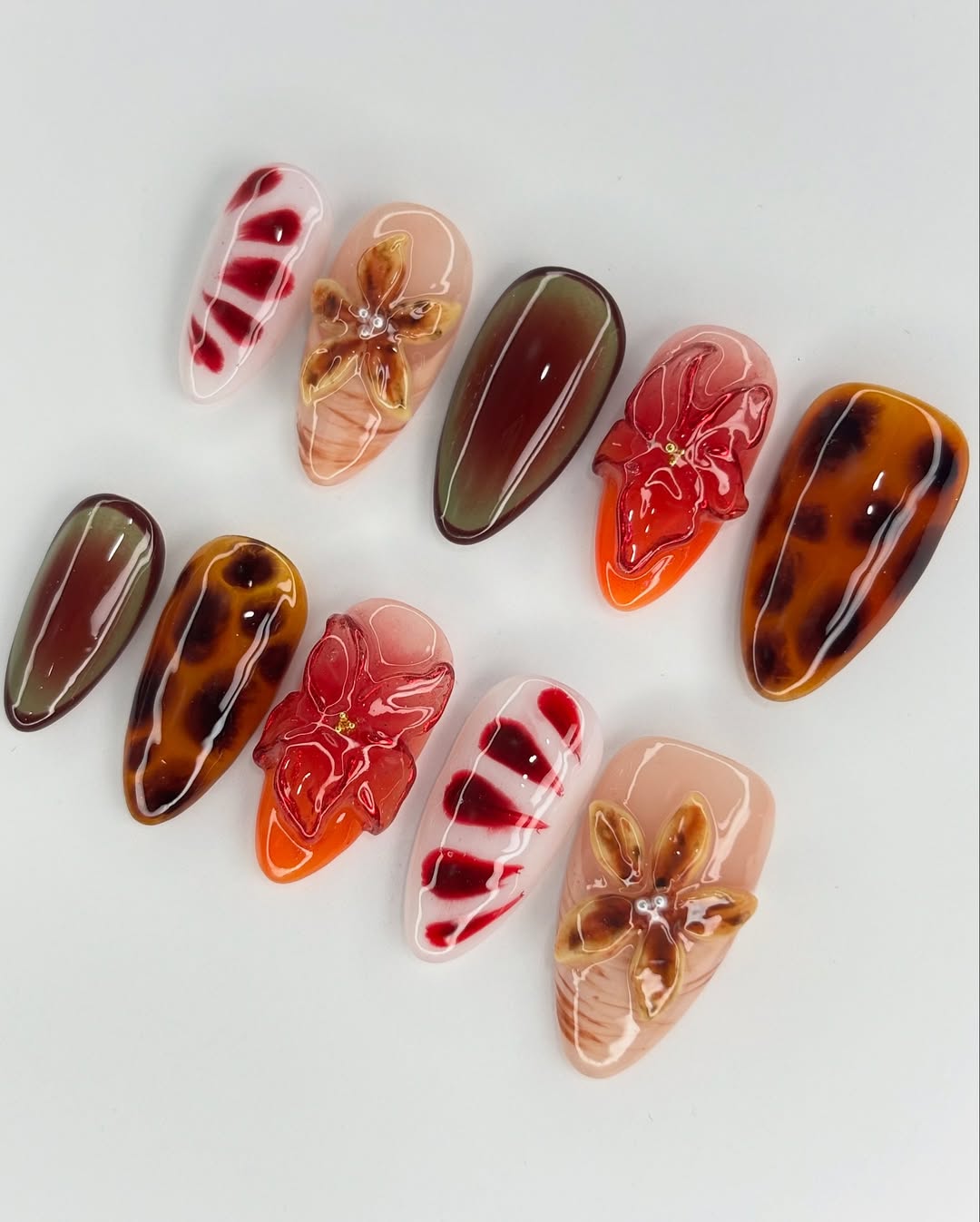 Tropical Orchid Floral Nails Handmade in Fiery Red and Amber Tones