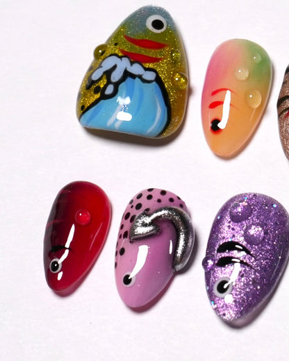 Playful Fish Cartoon 3D Press On Nails
