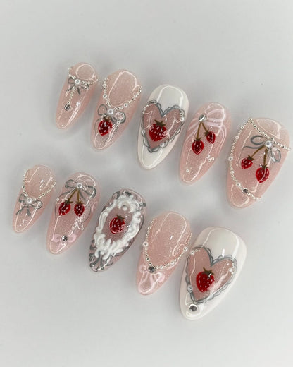 Sweet Strawberry Press On Nails Handmade Pink Dessert Set