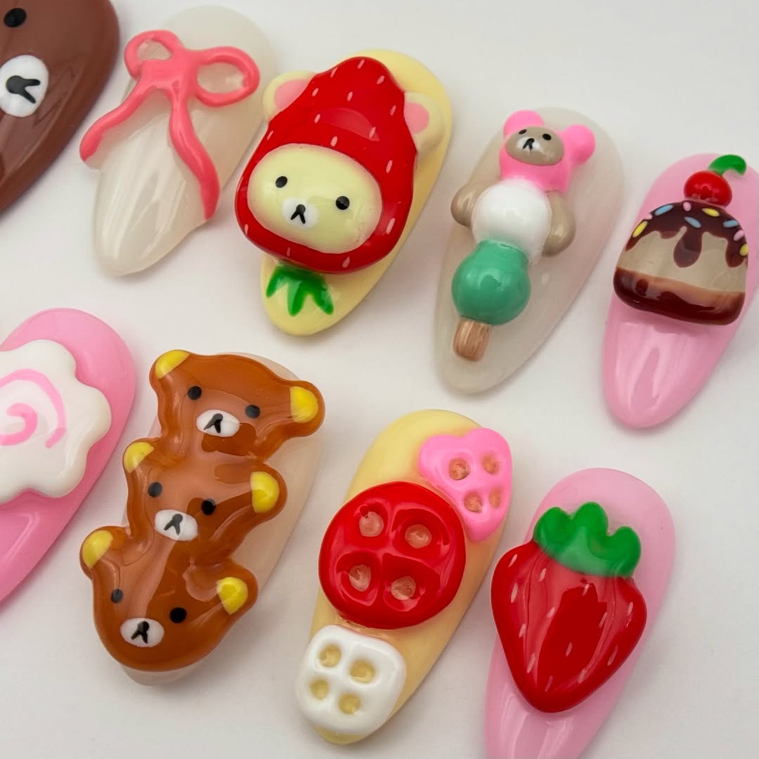 Kawaii Bear and Strawberry Dessert Press On Nails