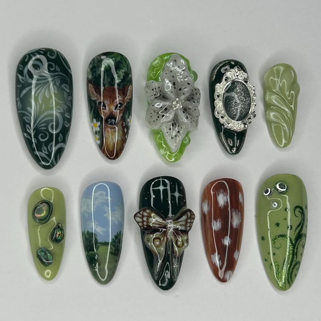 Nude Brown Leopard Press On Nails with 3D Floral Accent Art