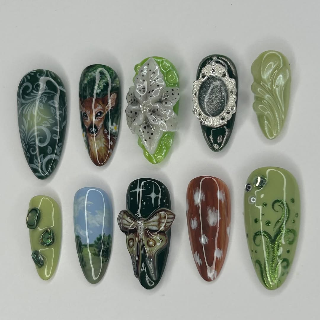 Nude Brown Leopard Press On Nails with 3D Floral Accent Art