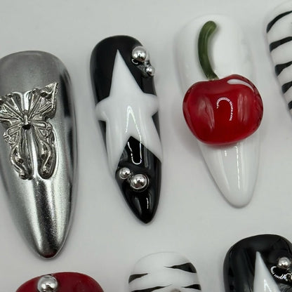Cherry Star Chrome Press On Nails with Zebra and Silver Details
