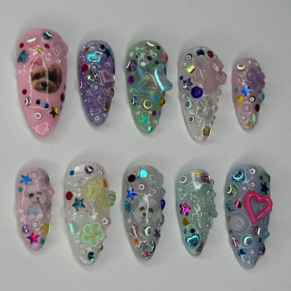 Colorful Puppy Glitter Press On Nails with Star and Heart Accents