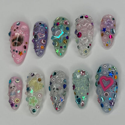 Colorful Puppy Glitter Press On Nails with Star and Heart Accents