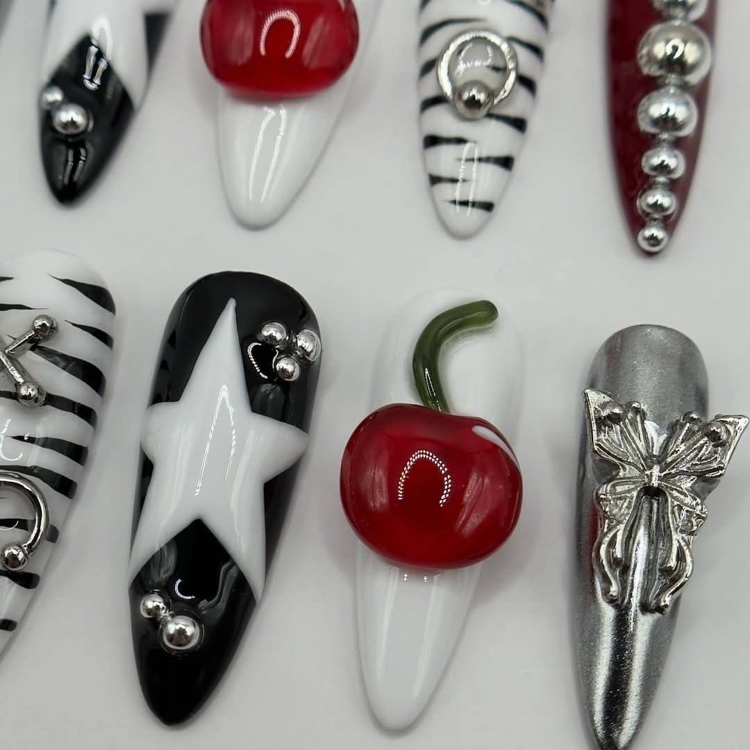 Cherry Star Chrome Press On Nails with Zebra and Silver Details