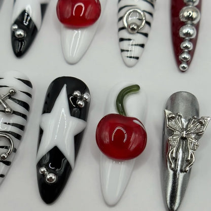 Cherry Star Chrome Press On Nails with Zebra and Silver Details