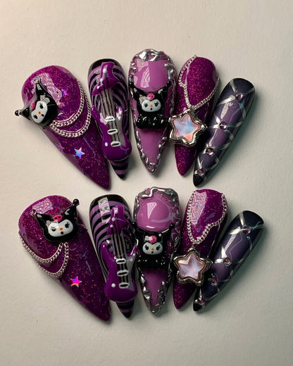 Gothic Purple Kuromi Press On Nails with Star Charms & Guitar Design