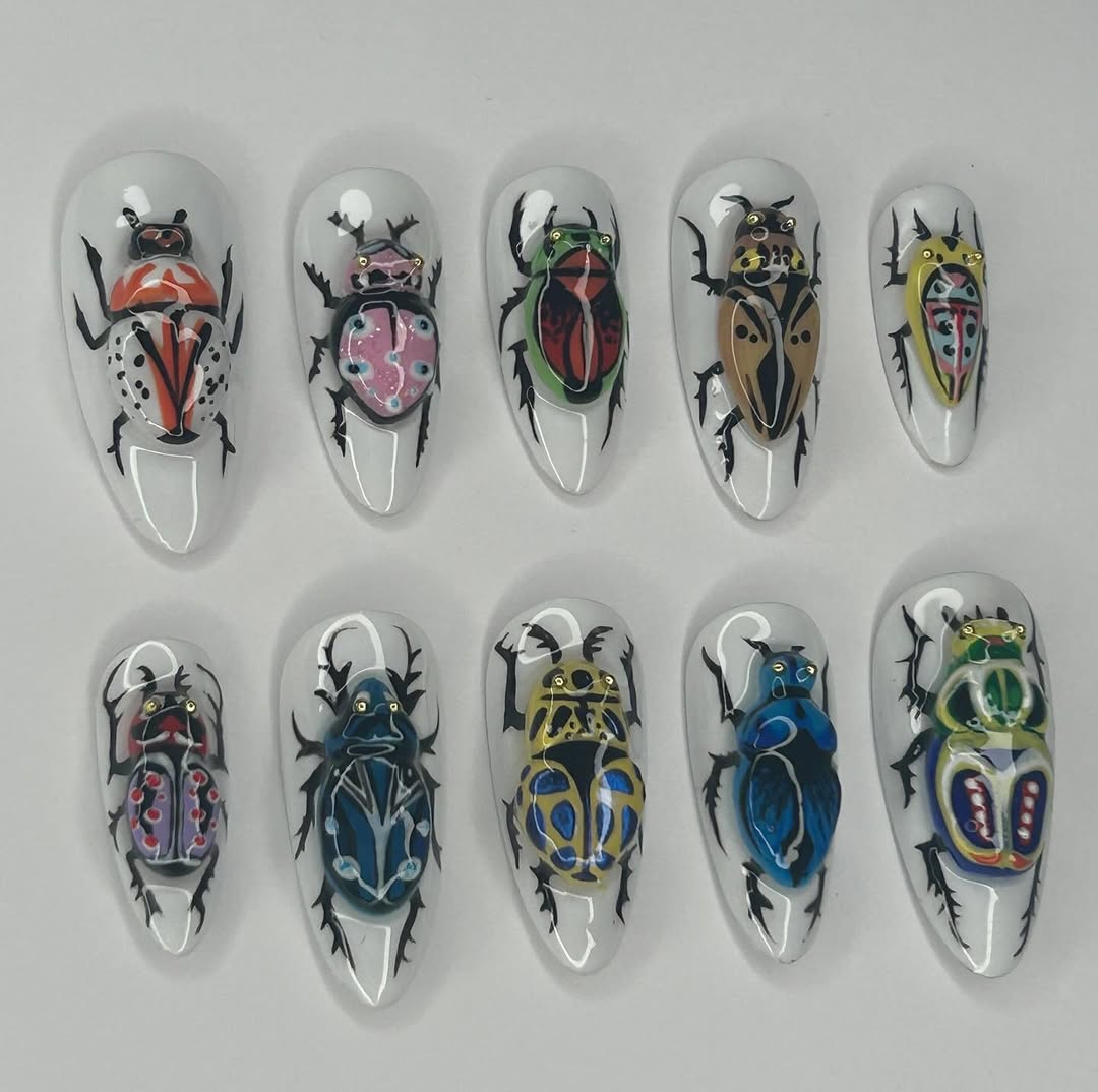 Colorful Insect Press On Nails with Artistic Beetle Hand Painting