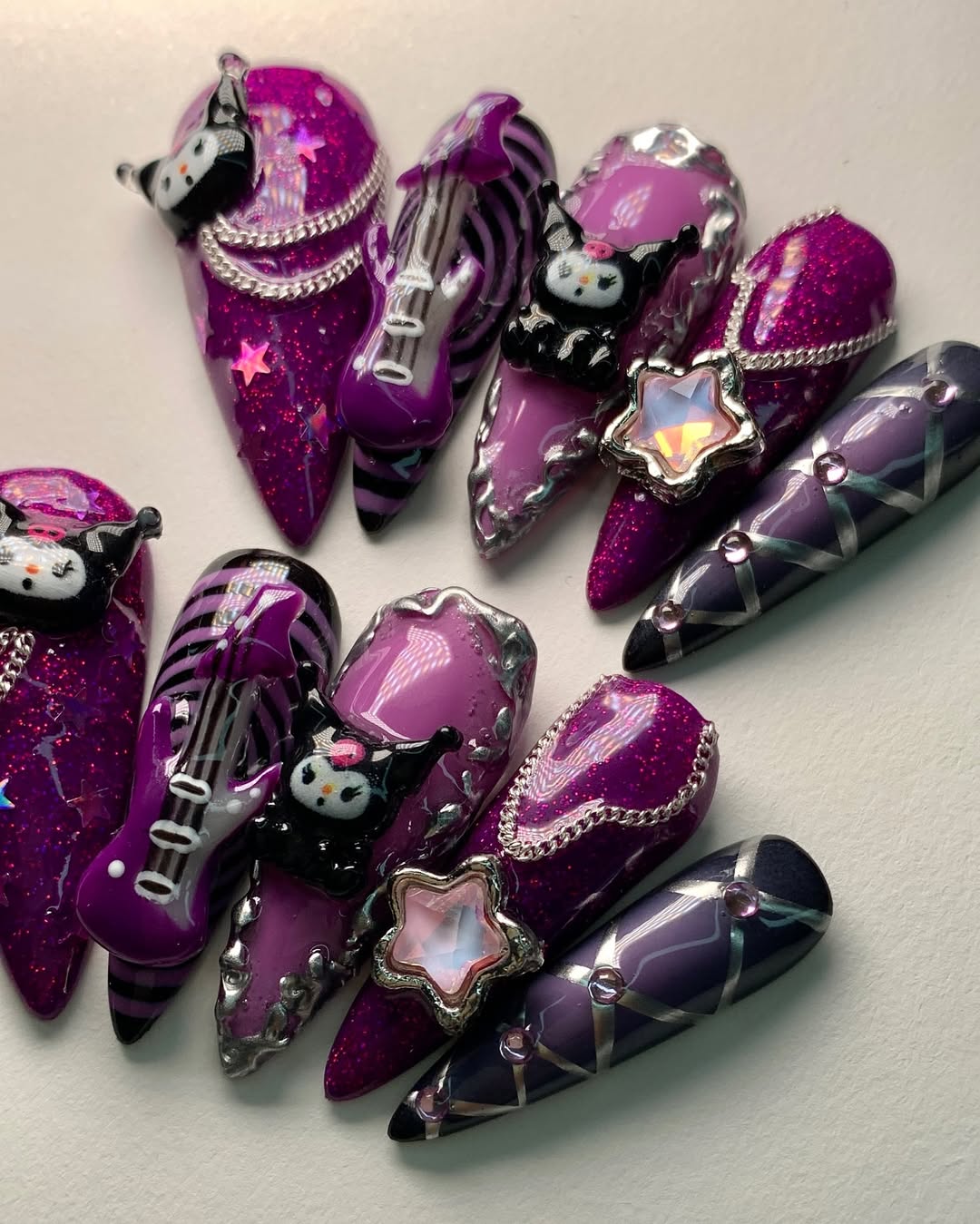 Gothic Purple Kuromi Press On Nails with Star Charms & Guitar Design
