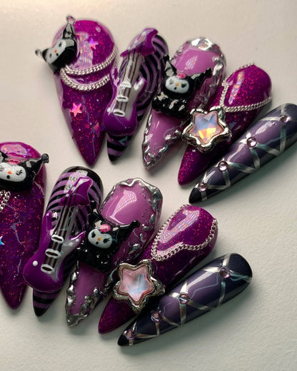 Gothic Purple Kuromi Press On Nails with Star Charms & Guitar Design