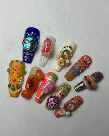 Mexican Culture 3D Press On Nails with Lucha Libre & Folk Art Accents