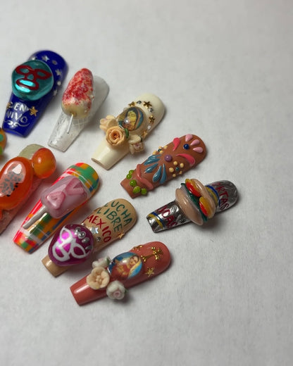 Mexican Culture 3D Press On Nails with Lucha Libre & Folk Art Accents