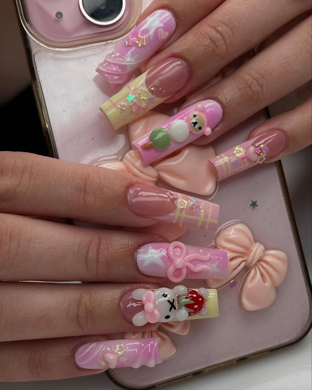 Luxury Pink and Yellow 3D Press-On Nails with Cute Character Accents