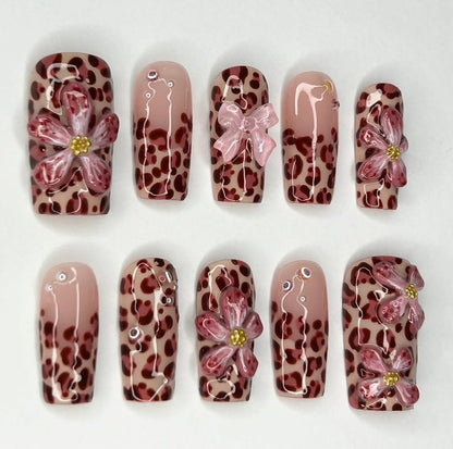Elegant 3D Floral Leopard Press On Nails