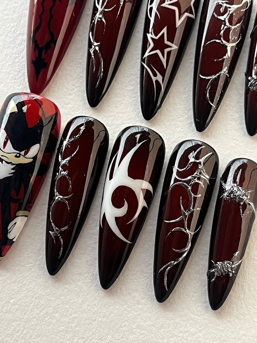 Dark Red Gothic Press-On Nails with Anime Character and Tribal Art