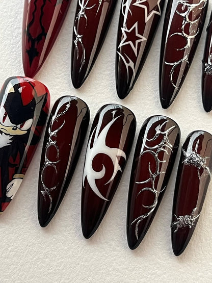 Dark Red Gothic Press-On Nails with Anime Character and Tribal Art