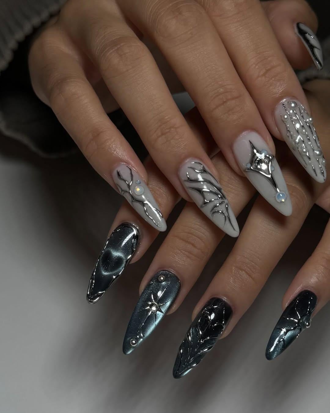 Midnight Silver 3D Press On Nails