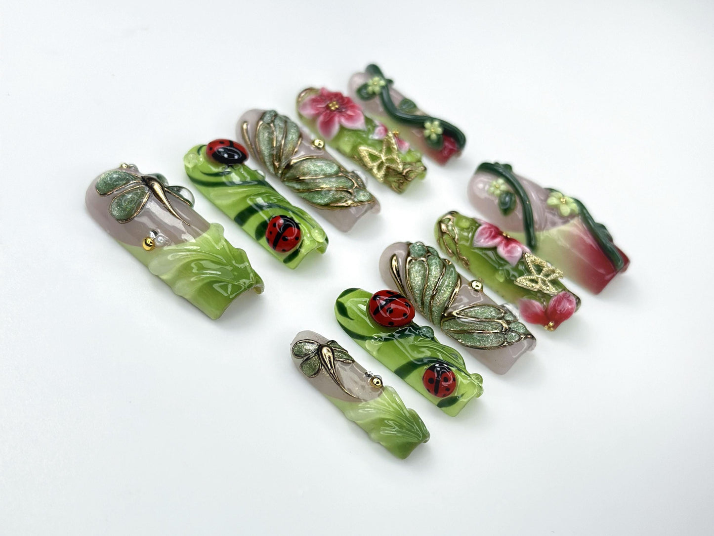 Ladybug Garden Floral 3D Press On Nails