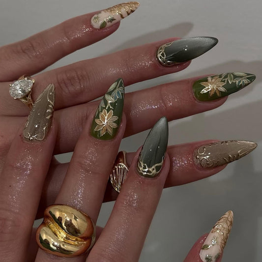 Olive Garden Almond Press On Nails, Olive Green & Gold