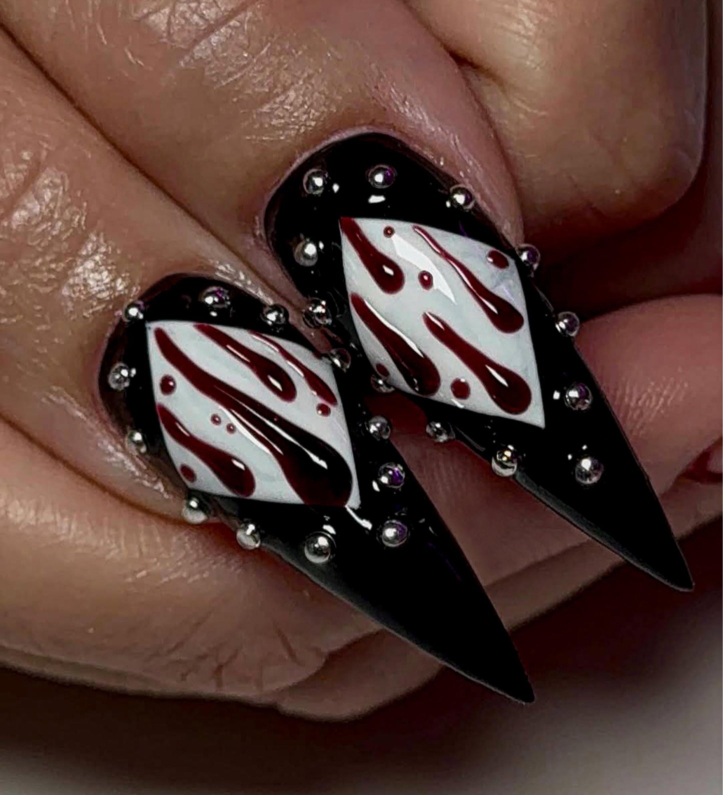 Harlequin Gothic Press-On Nails with Clown Face and Blood Drip Design