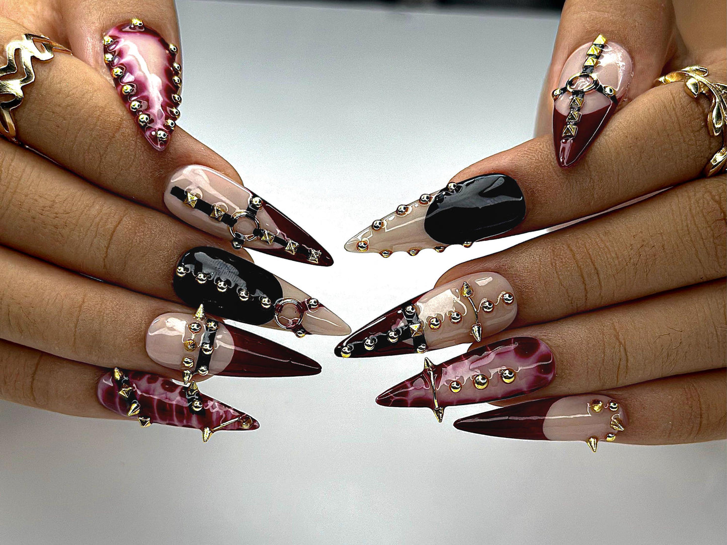 Gothic Luxe Spike Press On Nails  Burgundy Studded Nails