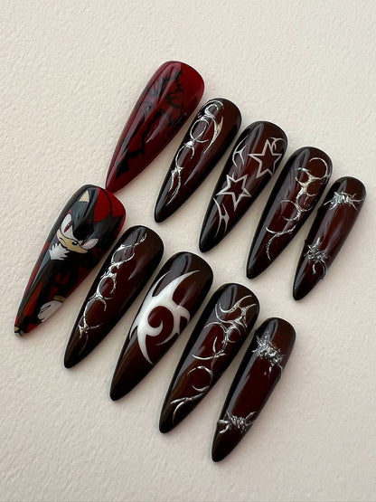 Dark Red Gothic Press-On Nails with Anime Character and Tribal Art