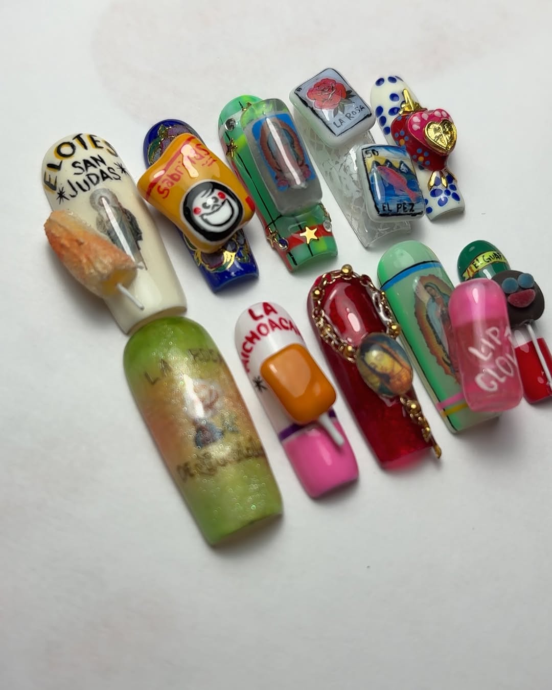 Mexican Snack and Icon Press On Nails, La Rosa, 3D Charm Set