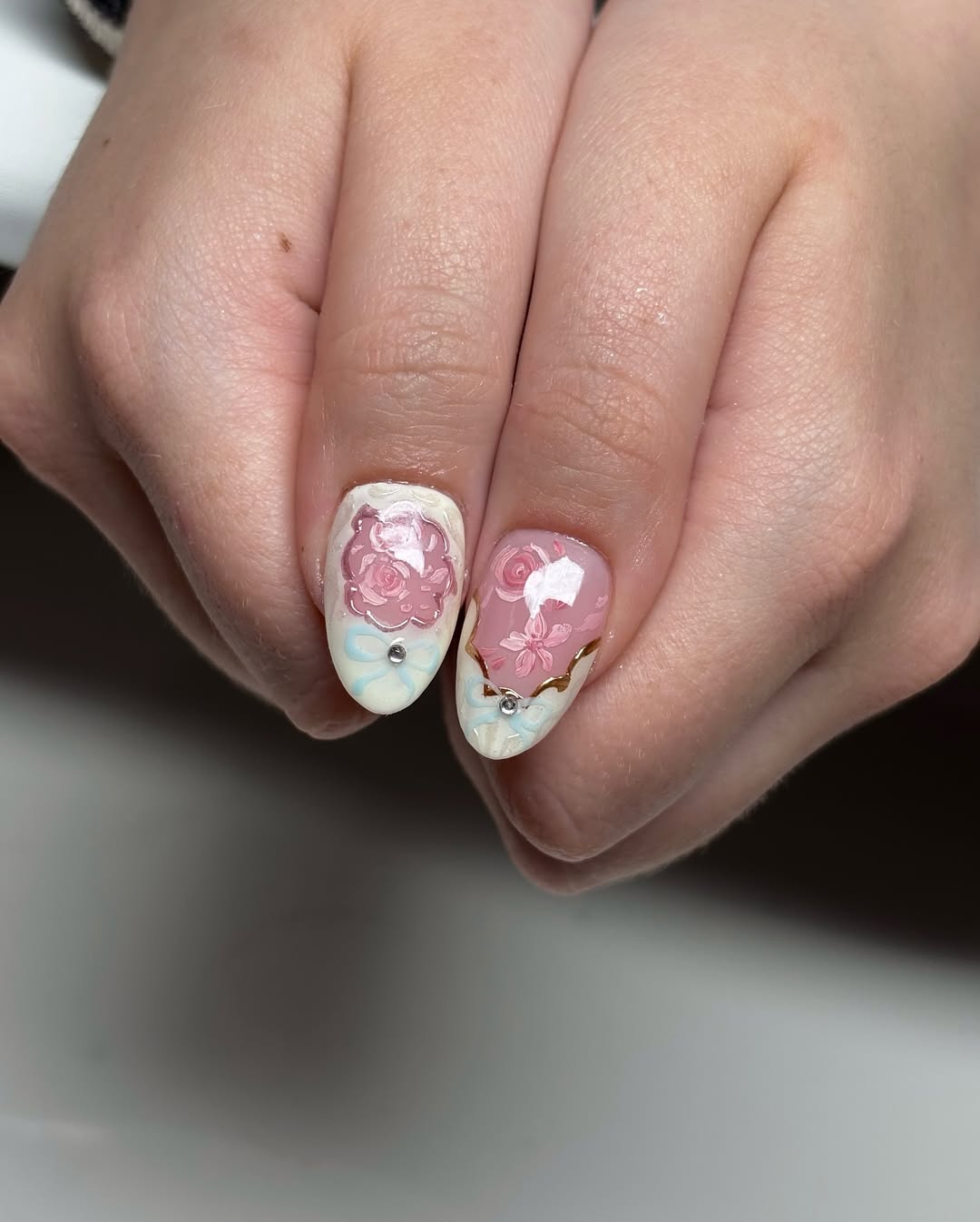 Pastel Rococo Rose Press On Nails with 3D Bow Detail