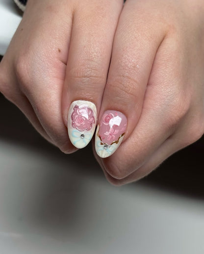 Pastel Rococo Rose Press On Nails with 3D Bow Detail