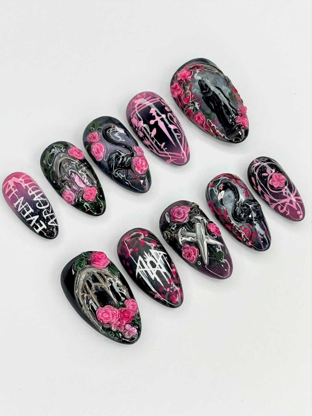 Gothic Rose Swan Press On Nails Dark Art Set