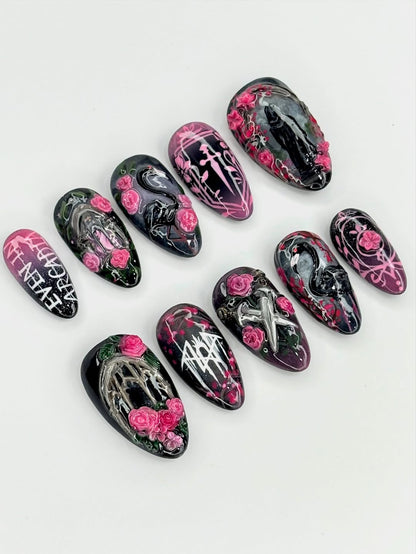 Gothic Rose Swan Press On Nails Dark Art Set
